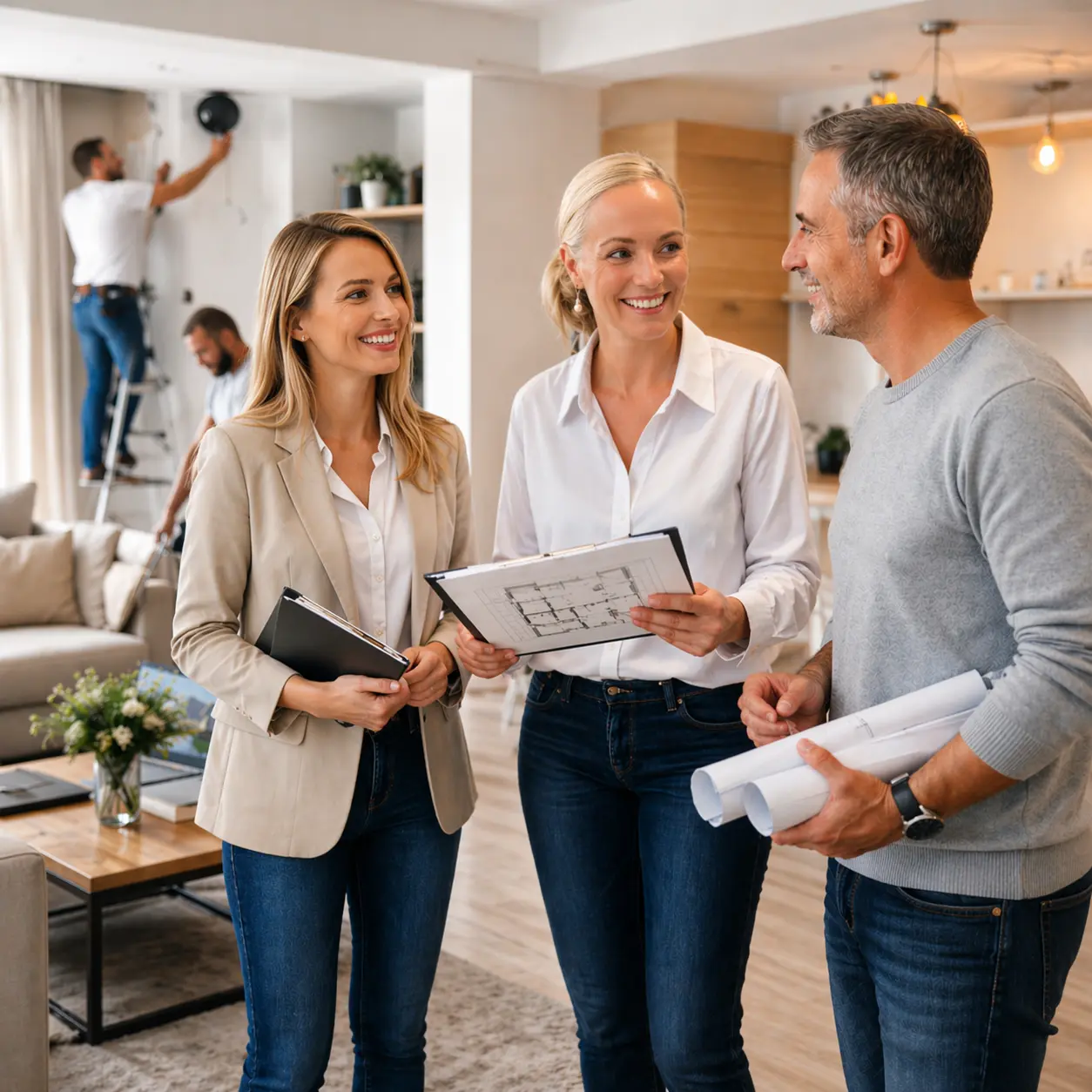 Real estate agents discussing home renovation plans with a homeowner in a modern living room.